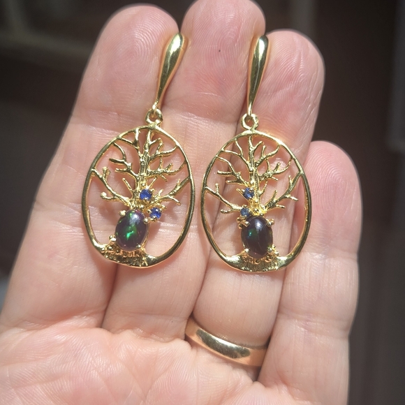 Opal & Sapphire Tree of life sterling & gold earrings - Picture 5 of 9
